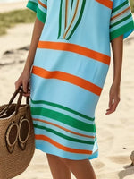 Full Size Striped Half Sleeve Midi Dress Plus Size