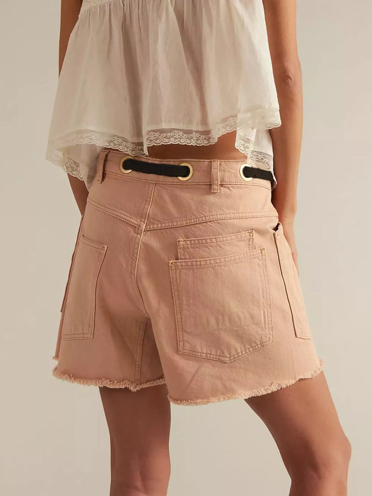 Drawstring Raw Hem Denim Shorts