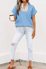Crochet Lace Accent Pullover Rolled Short Sleeve Blouse