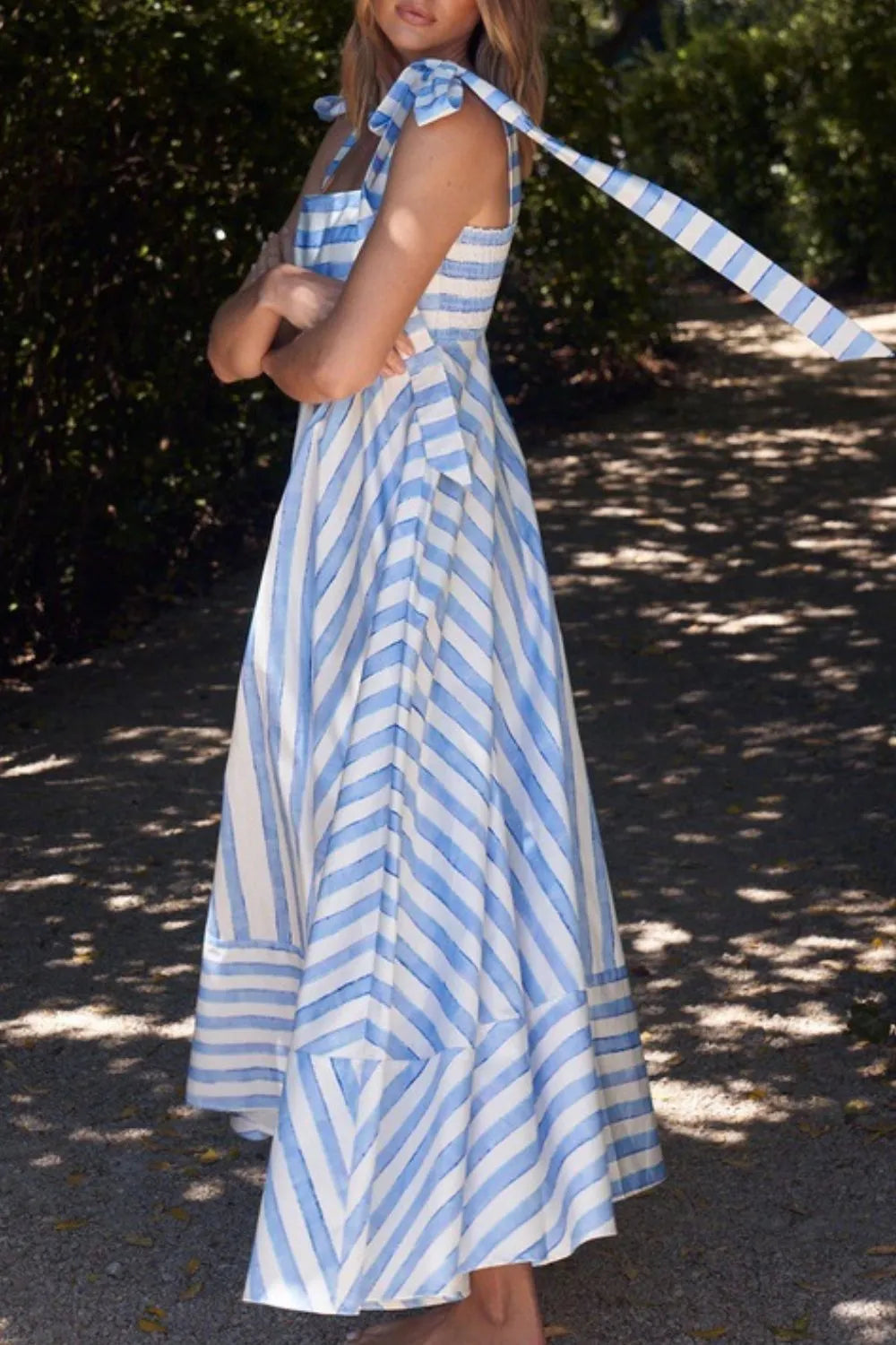 Striped Square Neck Wide Strap Dress - Ladyez