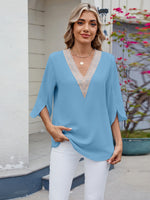 V-Neck Lace Trim Blouse - Ladyez