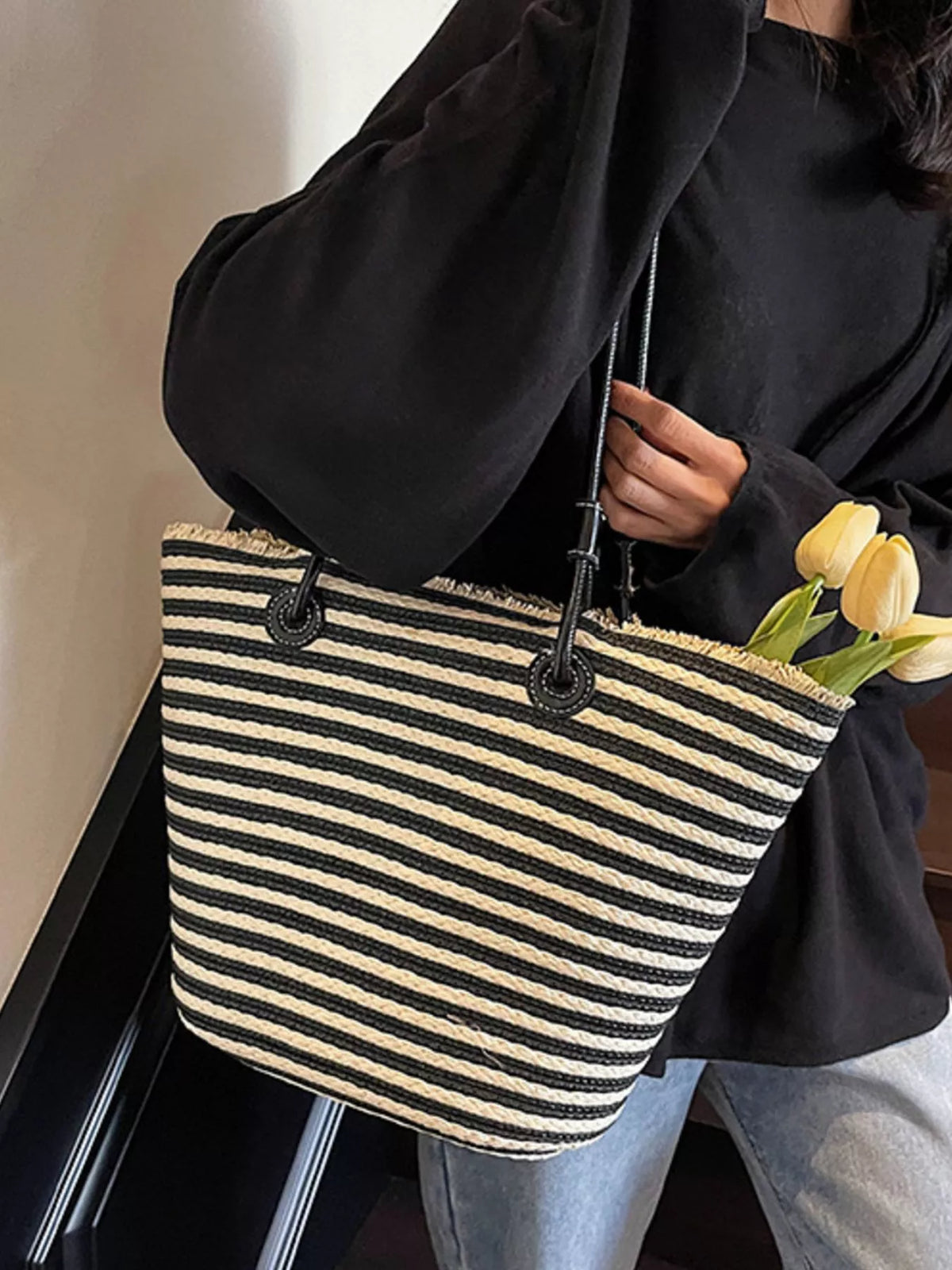 Striped Woven Straw Shoulder Bag