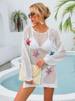 Angel Wings Sequin Star Round Neck Long Sleeve Cover Up - Ladyez