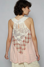 POL Crochet Lace Plaid Panel Detail Tank - Ladyez