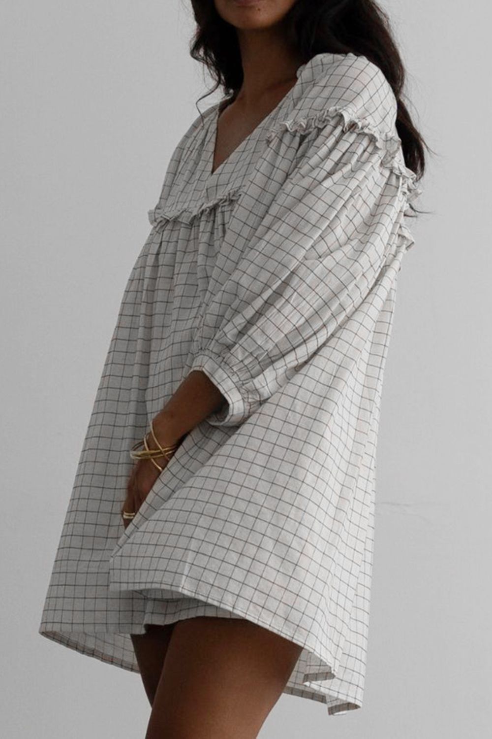 Frill Plaid Notched Balloon Sleeve Mini Dress - Ladyez