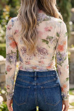Floral Mesh Long Sleeve Thumbhole Hem Top