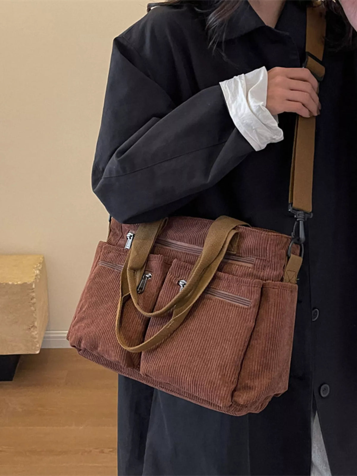 Corduroy Multi-Pocket Crossbody Bag