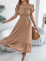 Smocked Frill Round Neck Midi Dress