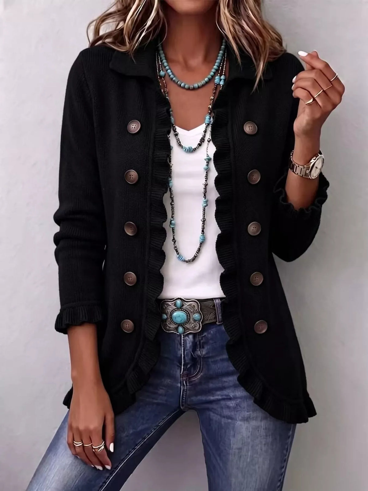 Full Size Ruffled Trim Decorative Button Cardigan Plus Size