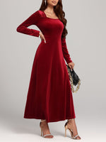 Square Neck Long Sleeve Velvet Dress - Ladyez
