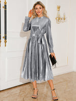 Tie Waist Long Sleeve Midi Dress - Ladyez