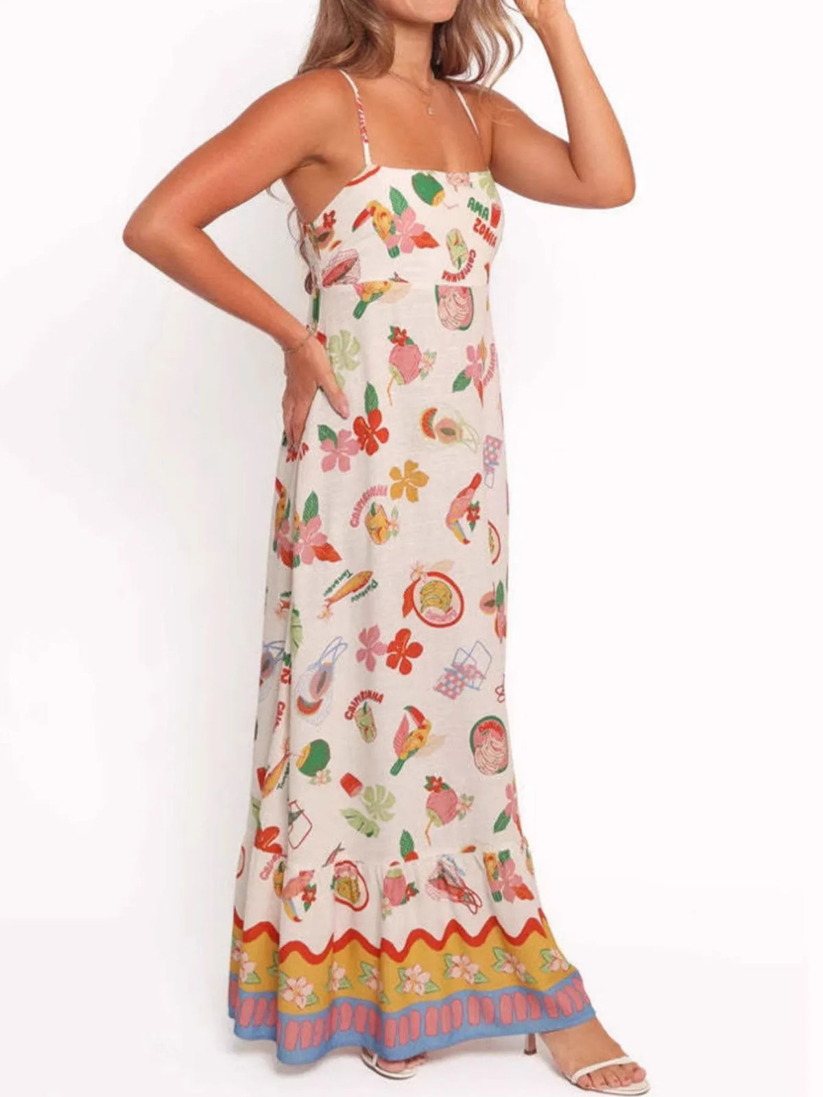 Printed Square Neck Maxi Cami Dress - Ladyez