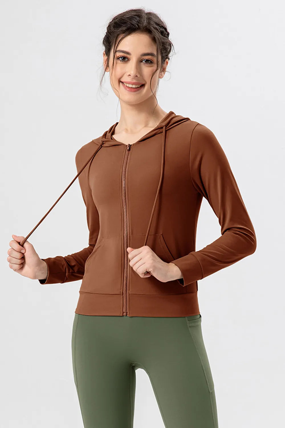 Drawstring Zip Up Hooded Active Outerwear - Ladyez