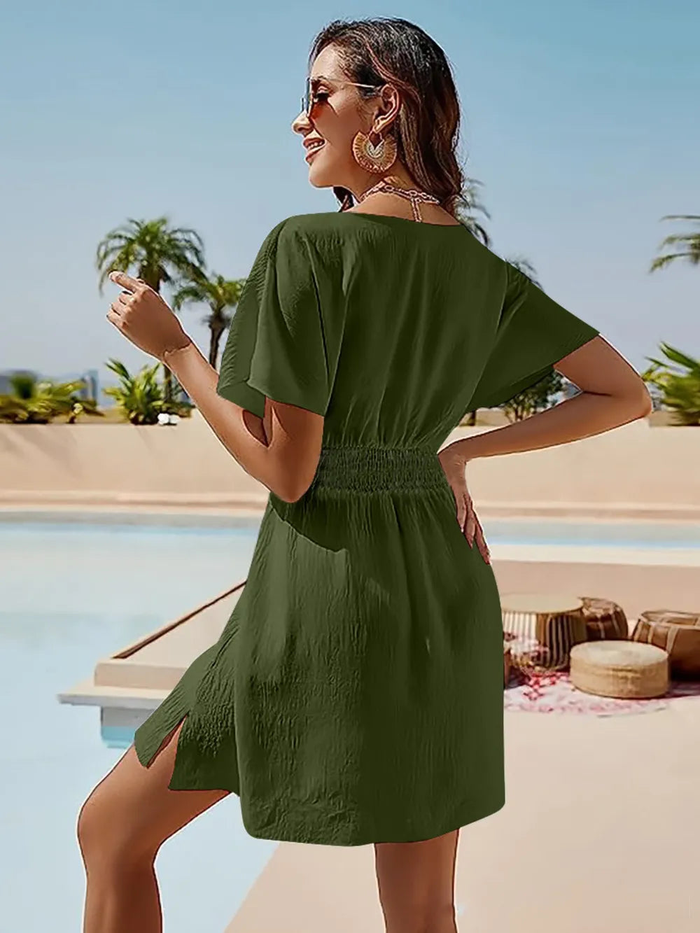 Smocked V-Neck Short Sleeve Dress - Ladyez