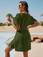 Smocked V-Neck Short Sleeve Dress - Ladyez