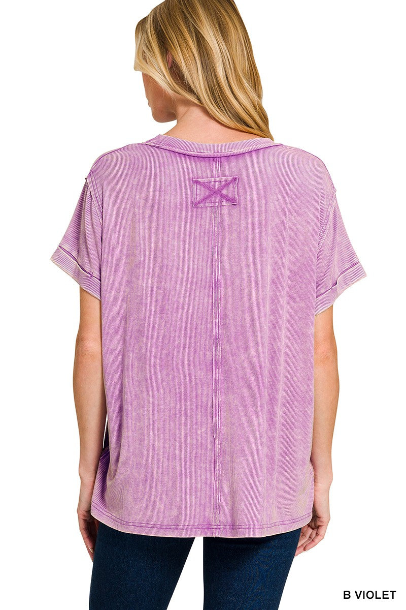 Zenana Washed Ribbed Cuffed Short Sleeve Round Neck Top