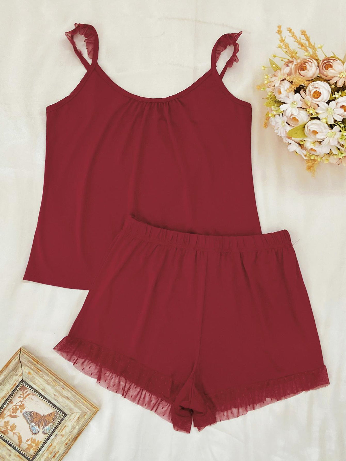 Gathered Detail Spliced Mesh Sleeveless Top and Shorts Lounge Set - Ladyez