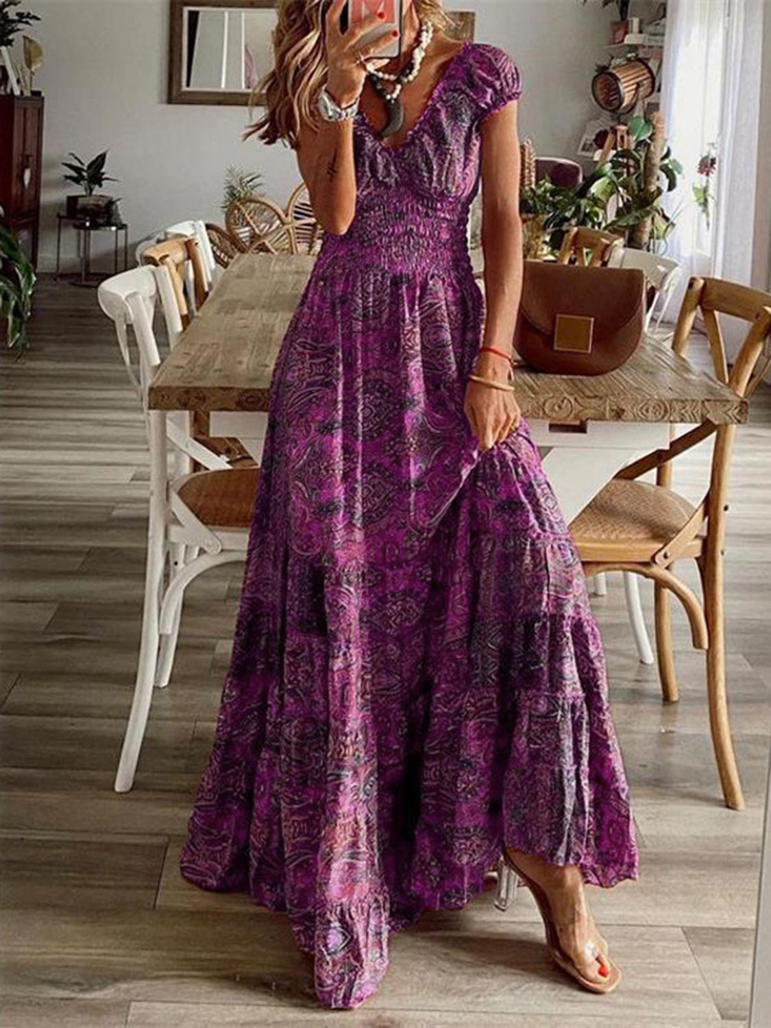 Full Size Smocked Printed V-Neck Short Sleeve Dress - Ladyez