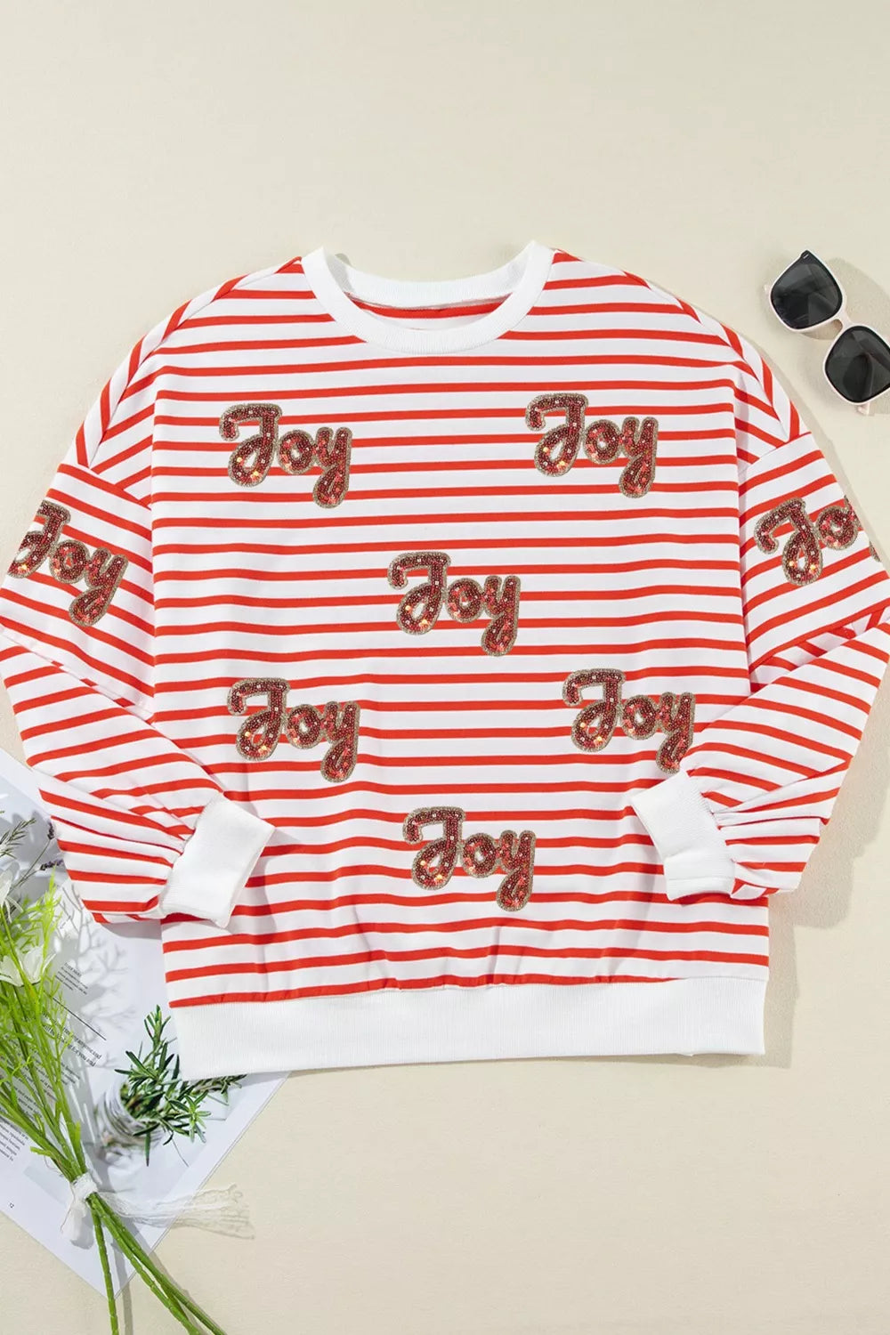 Stripe Sequined Joy Pattern Patchwork Sleeve Round Neck Sweatshirt