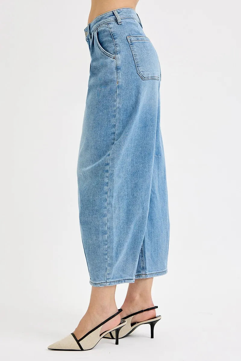 RISEN Full Size Mid Rise Fit Crop Wide Volume Leg Jeans Plus Size - Ladyez