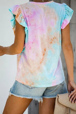 Ruffled Printed Round Neck Cap Sleeve T-Shirt - Ladyez