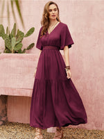 Openwork V-Neck Flare Sleeve Ruched Dress - Ladyez