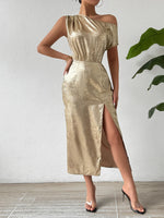 Honey Slit One Shoulder Short Sleeve Midi Dress - Ladyez
