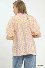 Umgee Mix Print Boho Blouse with Contrast Trim