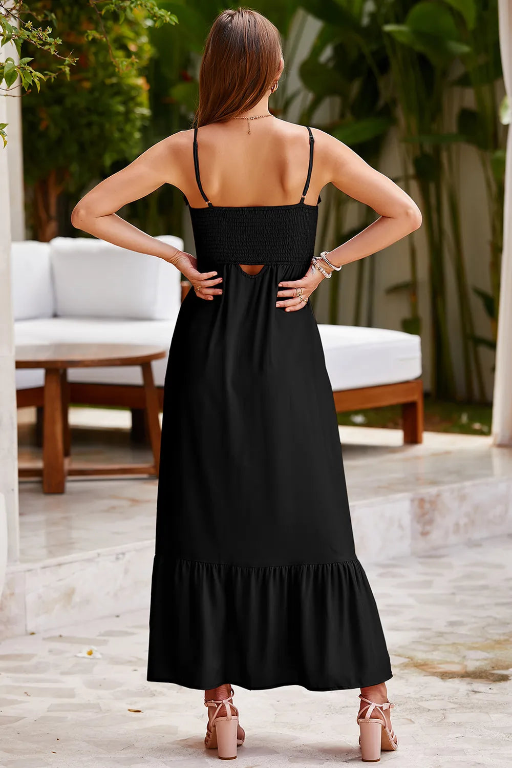 Smocked Spaghetti Strap Ruffle Hem Dress - Ladyez