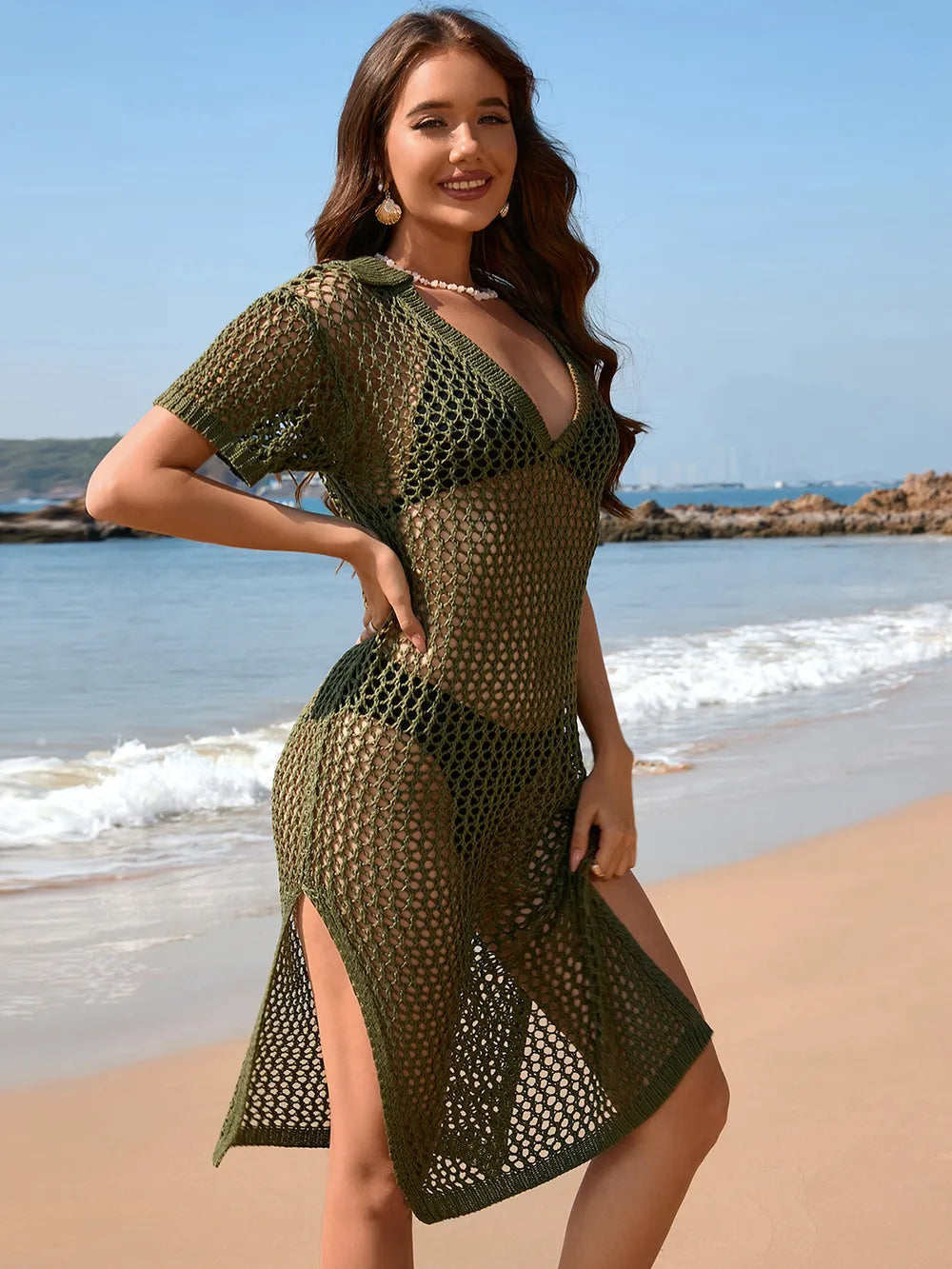 Slit Openwork Johnny Collar Short Sleeve Cover-Up - Ladyez