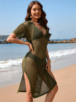 Slit Openwork Johnny Collar Short Sleeve Cover-Up - Ladyez