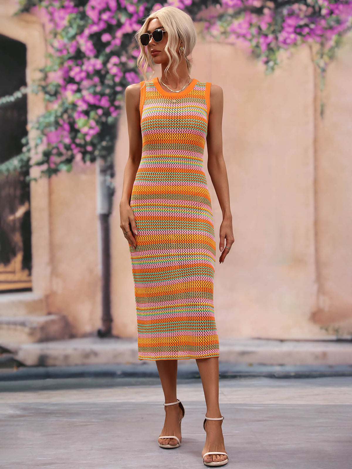 Striped Round Neck Sleeveless Midi Cover Up Dress - Ladyez