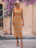 Striped Round Neck Sleeveless Midi Cover Up Dress - Ladyez