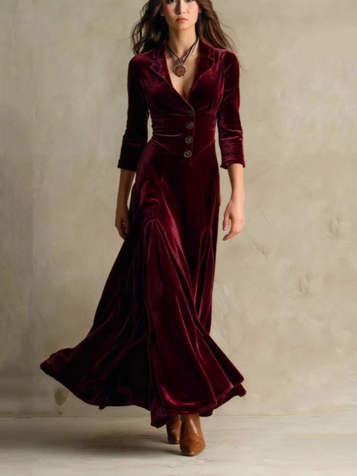 Velvet Button Front 3/4 Sleeve Maxi Dress