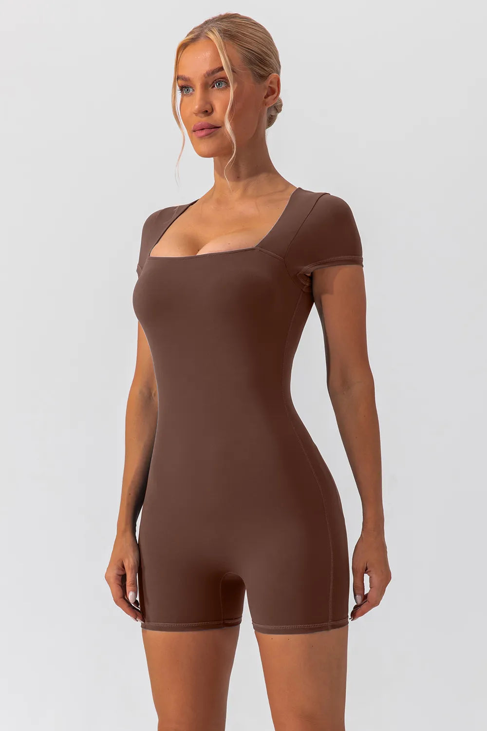 Square Neck Cap Sleeve Active Romper - Ladyez