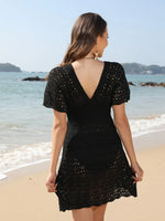 Openwork Plunge Short Sleeve Cover-Up Dress - Ladyez