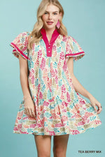 Umgee Leaf Print Flutter Sleeve Tiered Mini Dress