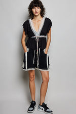POL Tied Ruffled V-Neck Short Sleeve Blouse with Lace Detail