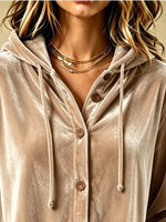 Full Size Velvet Button-Down Hooded Top Plus Size