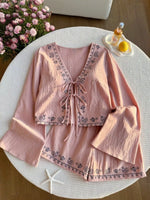 Embroidered Tie-Front Top & Shorts Set