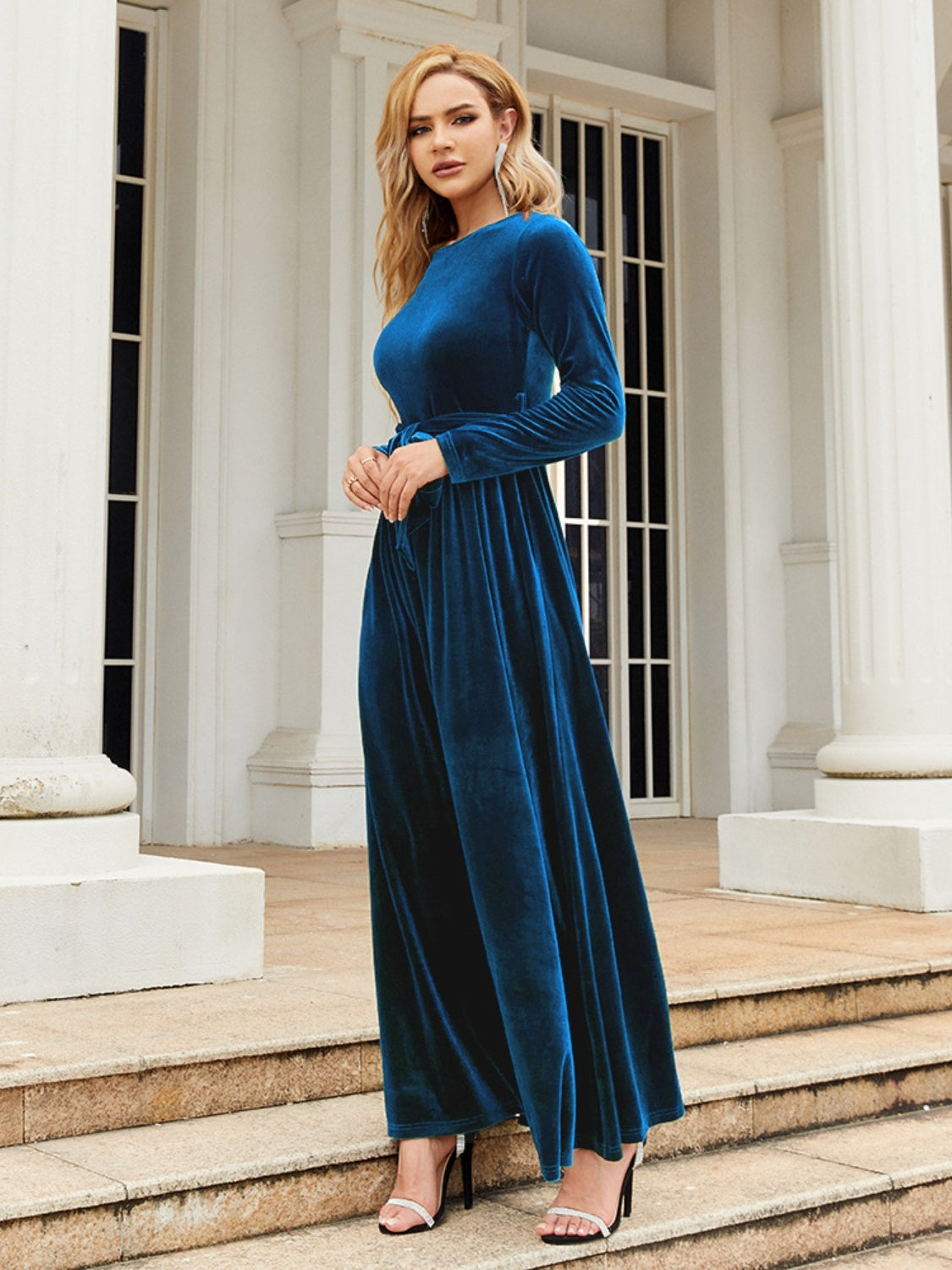 Tie Front Round Neck Long Sleeve Maxi Dress - Ladyez