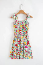 Floral Knotted Straps Cinched Waist Ruffle Hem Mini Dress