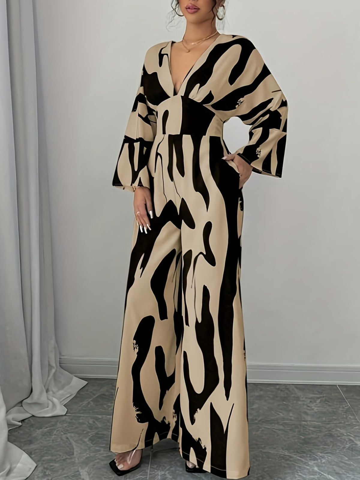 Abstract Print V-Neck Wide Leg Jumpsuit