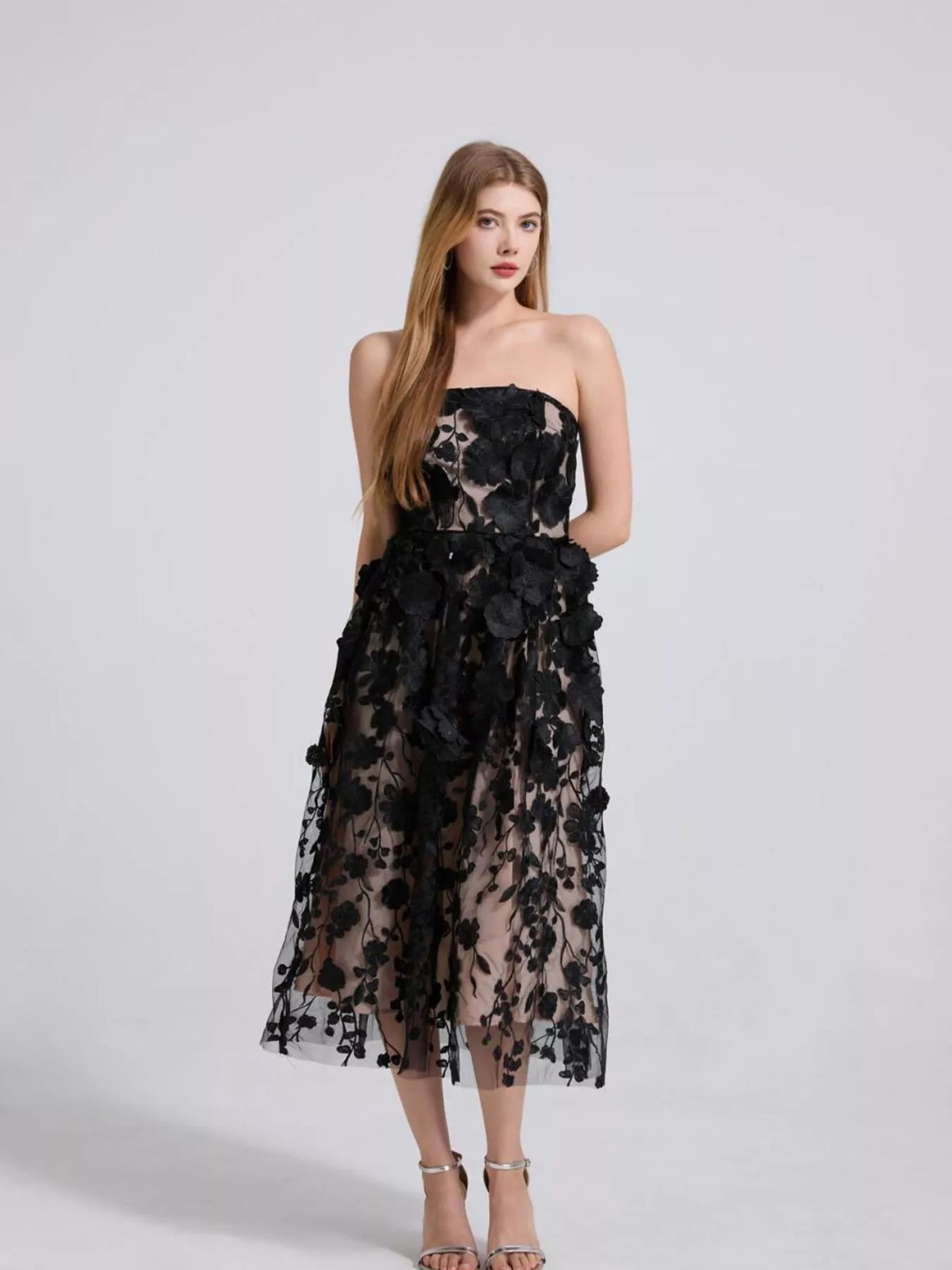 Floral Applique Strapless Midi Dress