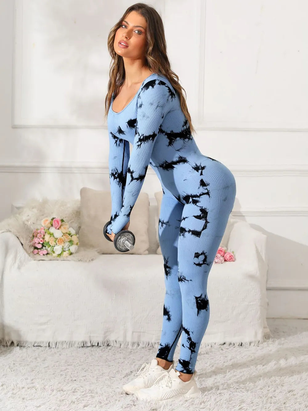 Scoop Neck Long Sleeve Active Jumpsuit - Ladyez