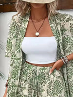 Printed Open Front Cardigan and Shorts Set
