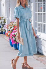 Full Buttons Collared Short Bubble Sleeve Long Denim Dress