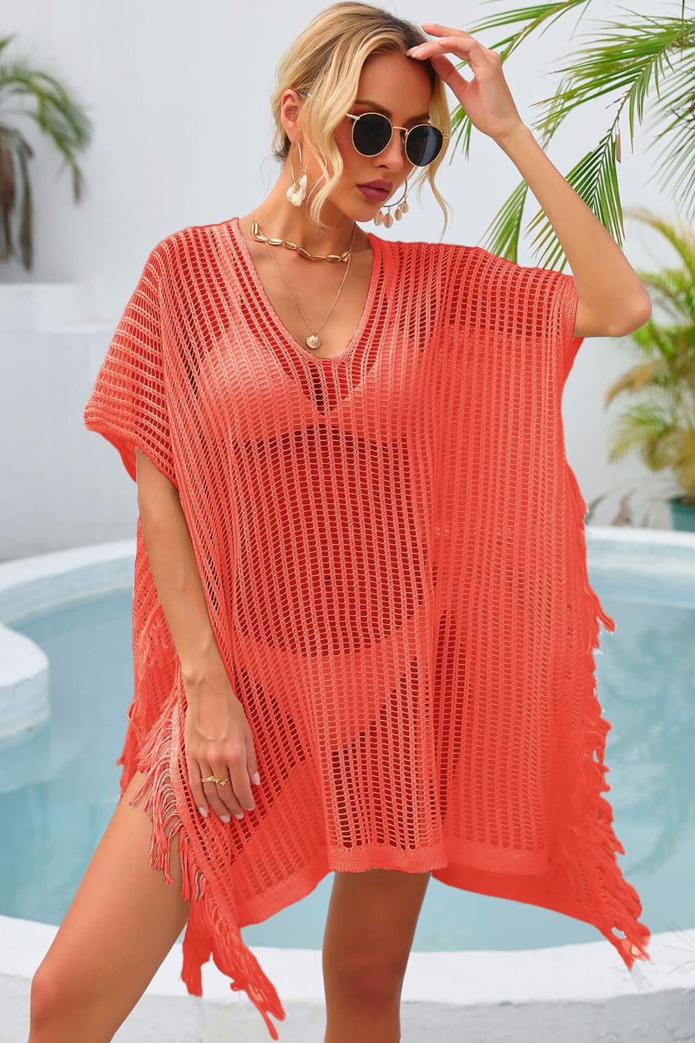 Angel Wings Fringe Trim Openwork Cover Up - Ladyez