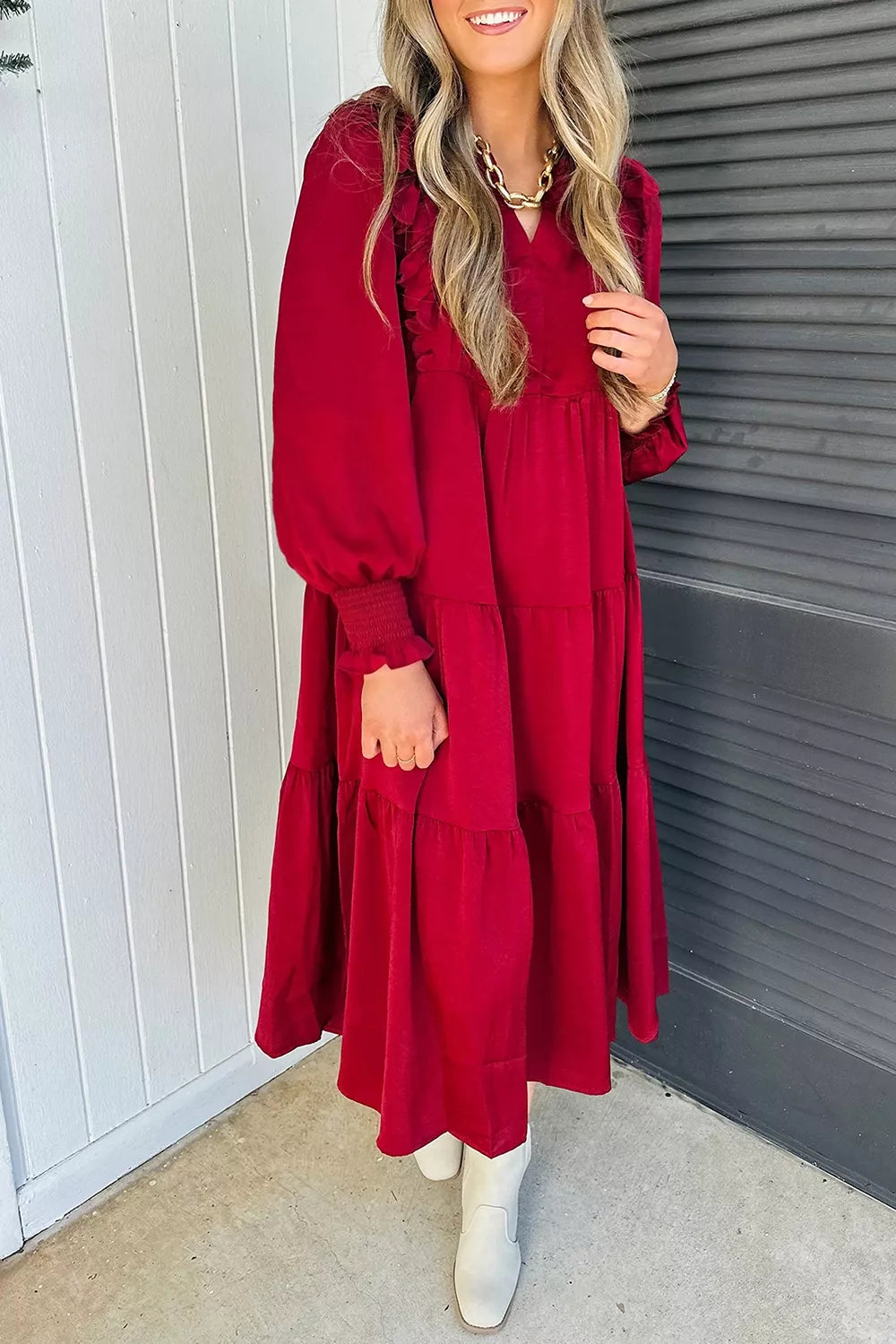 Solid Color Ruffle Trim Long Sleeve Tiered Shift Midi Dress