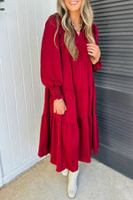Solid Color Ruffle Trim Long Sleeve Tiered Shift Midi Dress